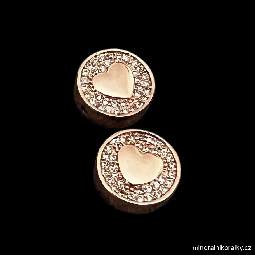 Mosazný korálek se srdíčkem, rose gold , průměr 12 mm, šířka 4 mm