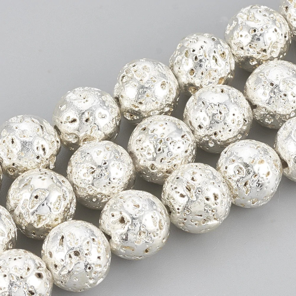 Láva pokovená stříbrná, 8,5-9 mm, šňůra 38 cm (cca 46 korálků)