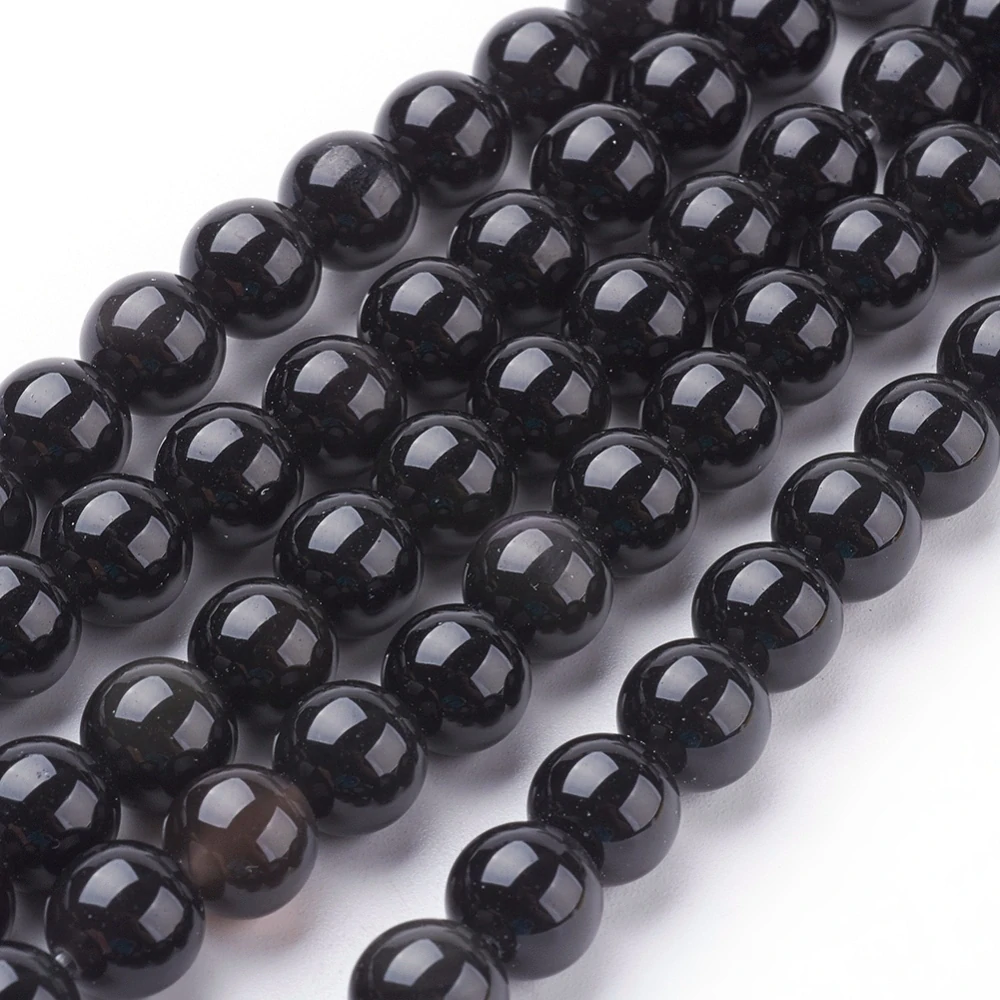 Obsidián černý, kvalita AA, 8 mm, šňůra 38 cm (cca 46 korálků)