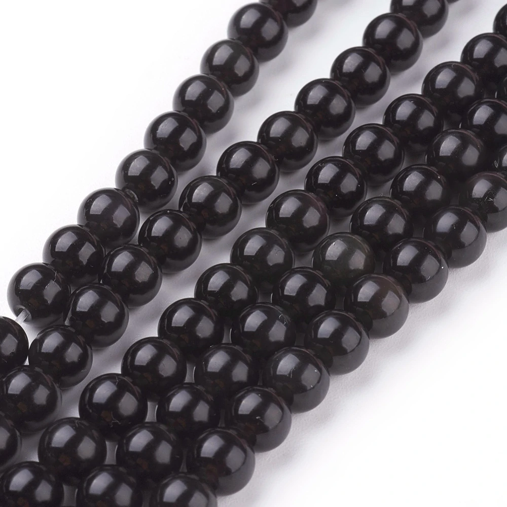 Obsidián černý, kvalita AA, 6 mm, šňůra 38 cm (cca 59 korálků)
