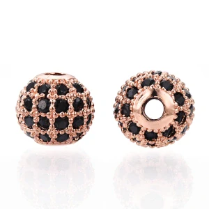 Mosazný korálek, rose gold s černými kubickými zirkony , 8 mm