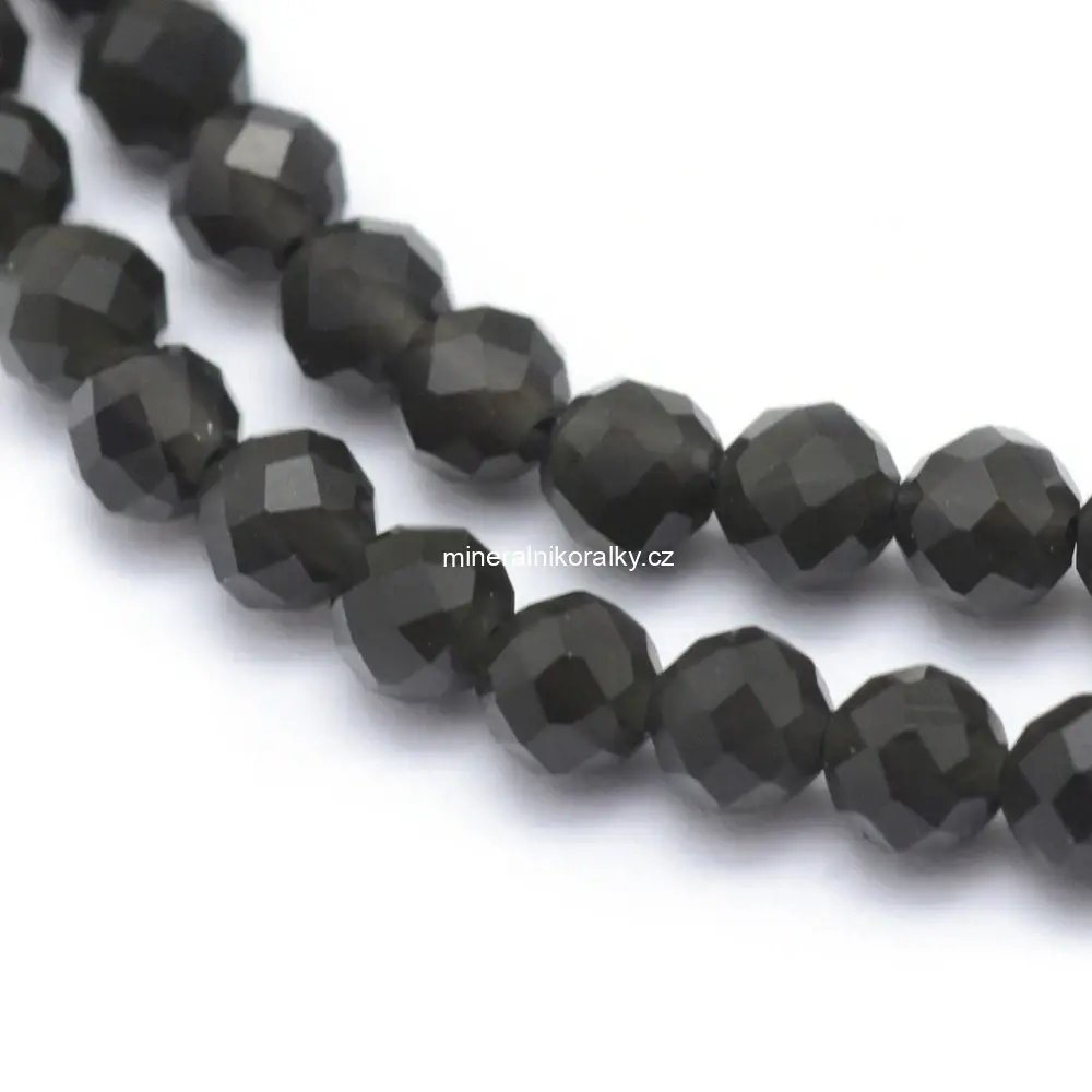 Obsidián, 3 mm, fasetovaný, šňůra 38 cm (cca 113 korálků)