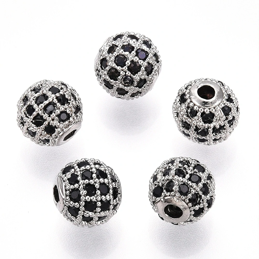 Mosazný korálek, stříbrný s černými kubickými zirkony, 8 mm