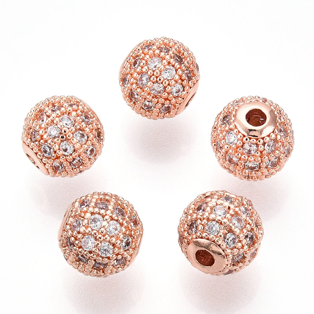 Mosazný korálek, rose gold s kubickými zirkony, 8 mm