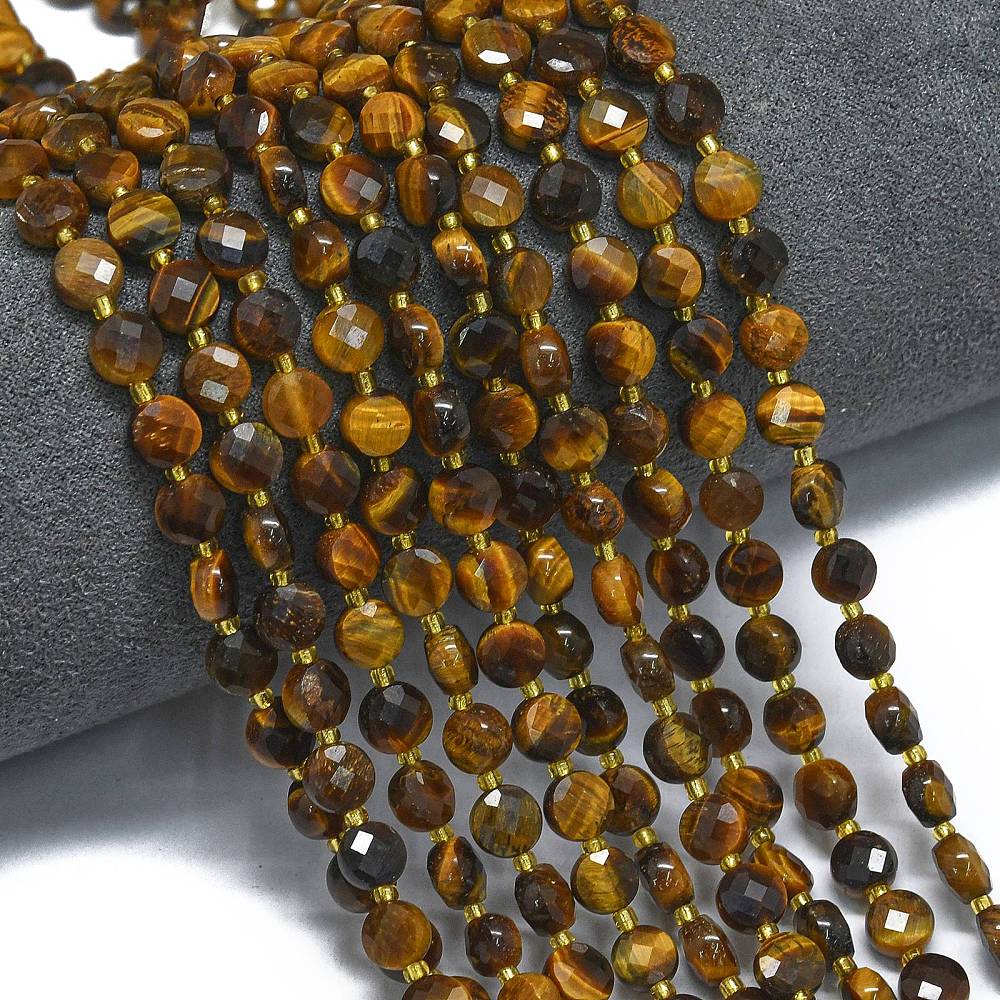 Tygří oko, penízky fasetované, 6x4 mm, půlšňůra 19 cm (cca 25 korálků)