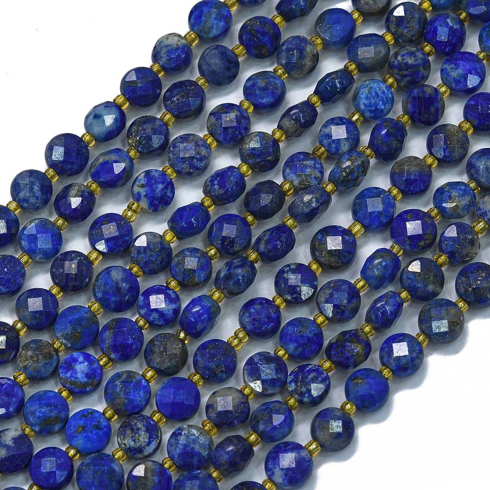 Lapis lazuli, penízky fasetované, 6x4 mm, půlšňůra 19 cm (cca 25 korálků)