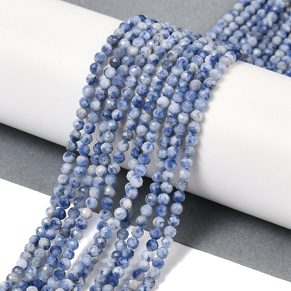 Jaspis modrý skvrnitý, fasetovaný, kvalita B, 3 mm, šňůra 38 cm (cca 113 korálků)