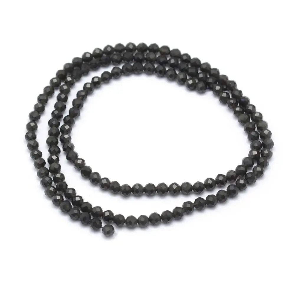 Obsidián, 3 mm, fasetovaný, šňůra 38 cm (cca 113 korálků)