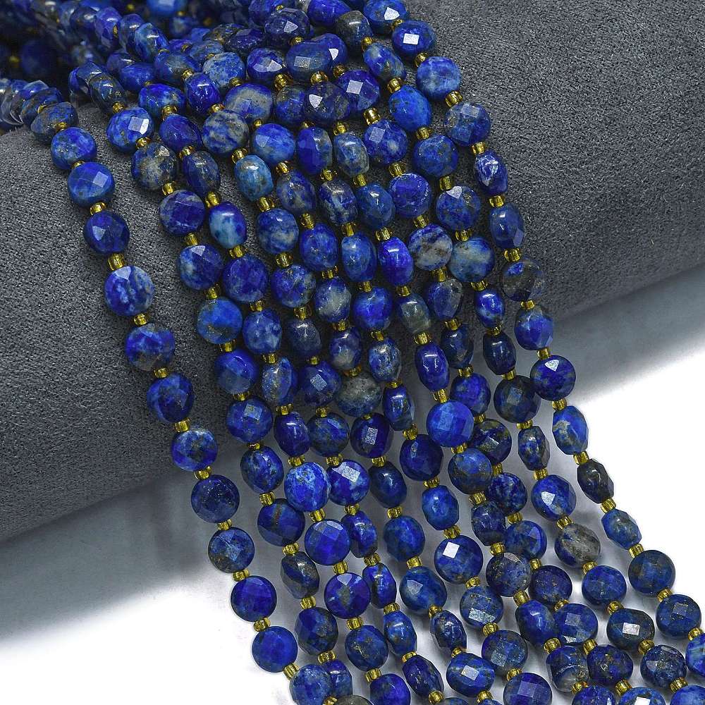 Lapis lazuli, penízky fasetované, 6x4 mm, půlšňůra 19 cm (cca 25 korálků)