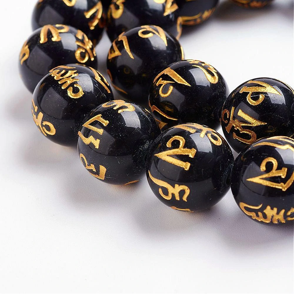 Obsidián s mantrou Om Mani Padme Hum, 7-8 mm, balení 5 ks