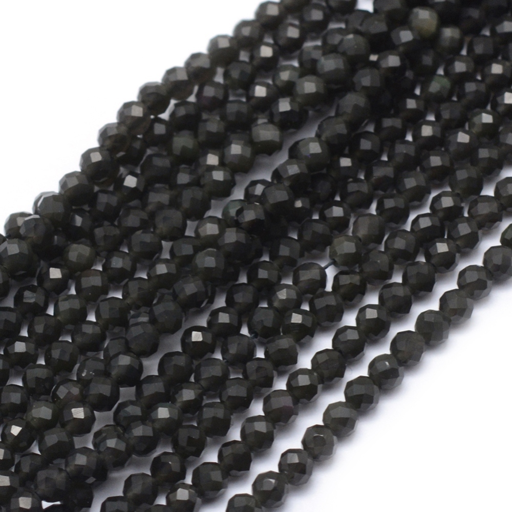 Obsidián, 3 mm, fasetovaný, šňůra 38 cm (cca 113 korálků)