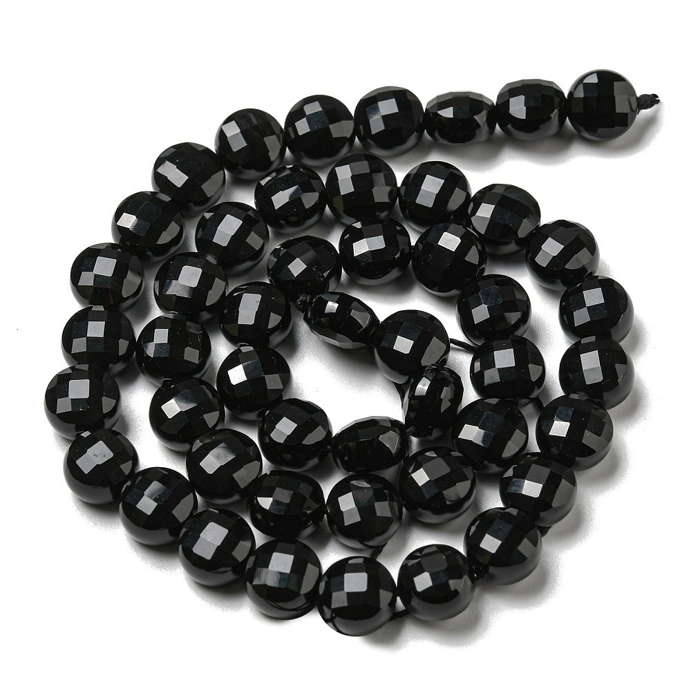 Onyx černý, penízky fasetované, 7x5 mm, půlšňůra 19 cm (cca 23 korálků)