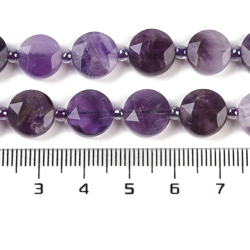 Ametyst, penízky fasetované, 10x6 mm, půlšňůra 19 cm (cca 16 korálků)