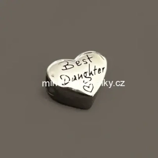 Ocelový korálek Srdce s nápisem Best daughter, stříbrný, 15 x 13 x 8 mm