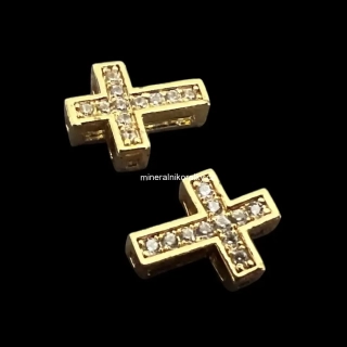 Mosazný křížek se zirkony, zlatý, 11 x 8 x 3 mm