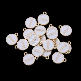 Přívěsek Mom ze zinkové slitiny a smaltu, bílo zlatá, 15 x 12 mm