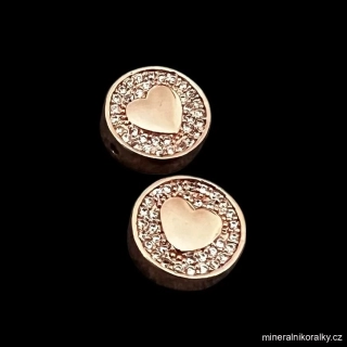 Mosazný korálek se srdíčkem, rose gold , průměr 12 mm, šířka 4 mm