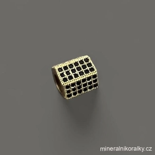 Mosazný korálek s kubickými zirkony v černé barvě, zlatý, 8 x 8 mm