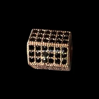 Mosazný korálek s kubickými zirkony v černé barvě, rose gold, 8 x 8 mm