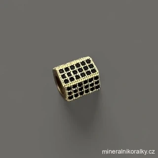Mosazný korálek s kubickými zirkony v černé barvě, zlatý, 8 x 8 mm